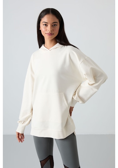 Tommy Life Ekru Balon Kol Yazı Nakışlı Kadın Oversize Tunik Sweatshirt - 97163 Ekru