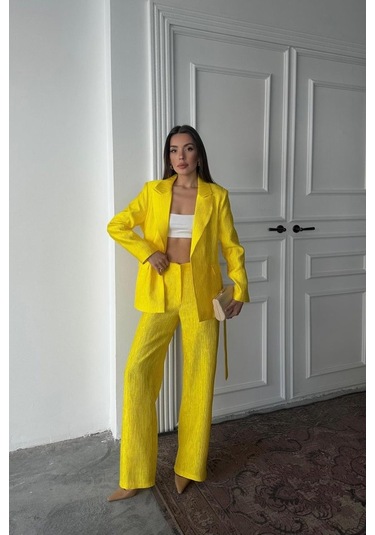 Neon Beli Kuşaklı Ceket Ve Pantolon Parlak Takım Neon