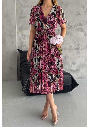 Neşeli Butik Kadın Fuşya Kruvaze Yaka Desenli Şifon Elbise Nbq001 Fuşya