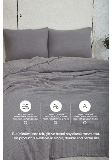 %100 Pamuk Çift Kişilik Müslin Yatak Örtüsü 4 Katlı Yumuşak Battaniye Müslin Pike Takımı 3 Parça Gri Gri