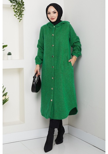 Çizgi Detay Kapüşonlu Kaşe Kap 1634 - Yeşil Yeşil