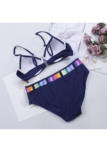 Novahub Yeni Yaz Kadın Bikini Seti Colorblock Yüksek Bel Rahat Mayo Mavi Beachwear Kadın İç Giyim Mavi