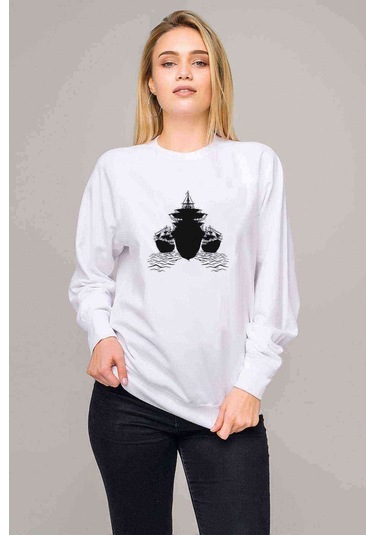 Silhouette Guns And Ships Baskılı Beyaz Kadın Sweatshirt