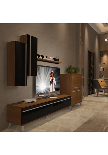 Decoraktiv Eko 6 Mdf Std Krom Ayaklı Tv Ünitesi Tv Sehpası Ceviz - Siyah