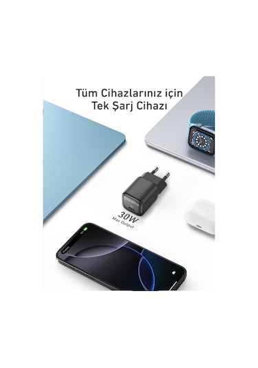 Anker Nano Usb C Gan 30w, Pd 3.0 Pps Hızlı Şarj Cihazı Siyah - A2698
