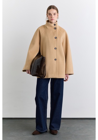 Manuka Yüksek Yaka Kruvaze Kaban Camel Aw25kbn00019-05 Camel