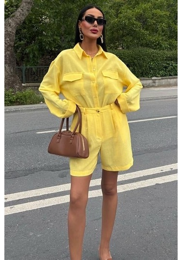 Gömlek Ve Şort Flamlı Keten Takım 10130 Altın