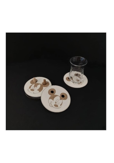 Ahşap Bardak Altlığı Miki Mouse Dekoratif Silinebilir 6'lı Set Beyaz