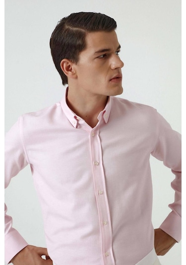 D'S Damat Ds Damat Slim Fit Pembe Armürlü Düğmeli Yaka Pamuklu Gömlek 5HC02ORT07265 Pembe