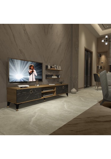 Decoraktiv Eko 4 Mdf Dvd Gold Tv Ünitesi Tv Sehpası Pera - Siyah Mermer