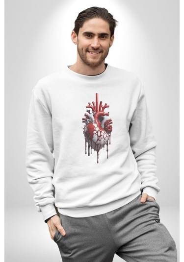 Kırmızı Beyaz Kalp Toplar Damar Unisex Beyaz Baskılı Sweatshirt Beyaz