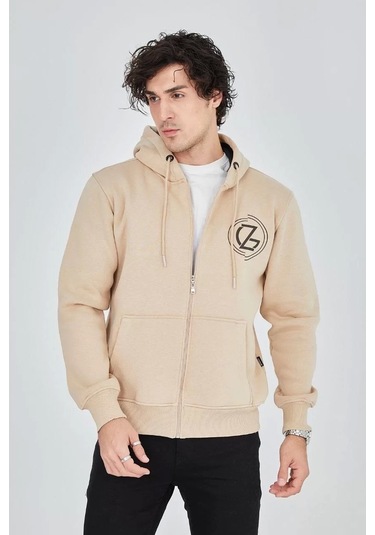 Erkek Kapüşonlu Baskılı Fermuarlı Hırka - Bej Bej
