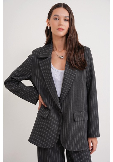 4753 Kadın Çizgili Oversize Blazer Ceket Antrasit Antrasit