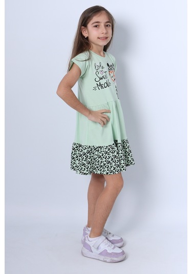 Kız Çocuk Elbise Fırfırlı Kedicik Baskılı C13 Yeşil