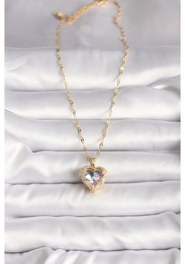316l Çelik Gold Renk Zirkon Taşlı Renkli Kalp Model Kadın Kolye Çok Renkli