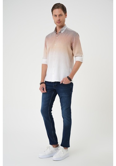 Comfort Fit Apoletli Degrade Desen Esnek Pamuk Bej Gömlek G 1575 Bej