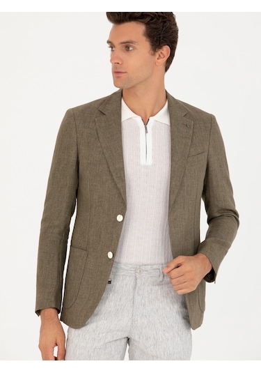 Cacharel Haki Slim Fit %100 Keten Ceket Yesıl