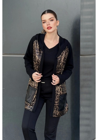 Kapüşonlu Leopar Desen Garnili Cepli Hırka Siyah