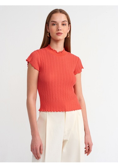 Dilvin Dik Yaka Transparan Triko Bluz Kırmızı