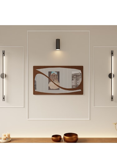 Minimal Ayna Pleksili Ahşap Duvar Dekoru Kahverengi