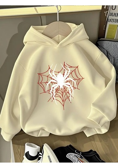 Kışlık Kapüşonlu Sweatshirt, Çocuk Örümcek Ağ Kalpli Baskılı Bej