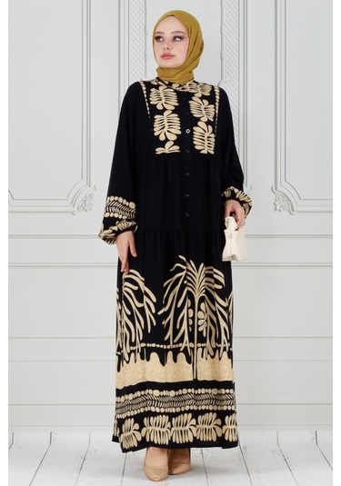 Yarasa Kol Karışık Desen Viscon Elbise-vizon-3799 - Vizon