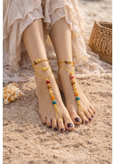 Bohem Barefoot Sandal Renkli Ahşap Boncuklu Çift Halhal Çok Renkli