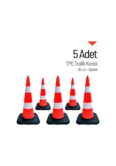 5'li Tpe Trafik Konisi Seti 90 Cm Ağırlıklı Çift Reflektifli Trafik Dubası-3630