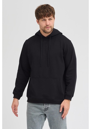 Erkek Siyah Standart Fit Normal Kesim Içi Polarlı 3 Iplik Kapüşonlu Pamuklu Sweatshirt Siyah