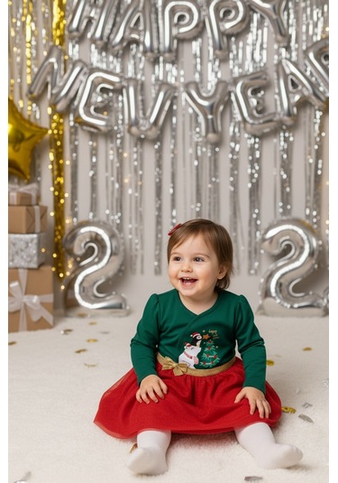 Kız Bebek Beli Fiyonk Detaylı Anvelop Yılbaşı Elbise Nbk-24923 Yeşil