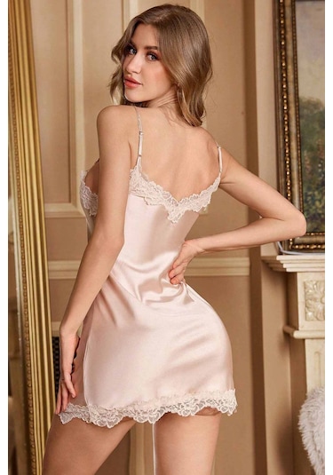 Merry See Dantelli Şık Saten Gecelik Bej