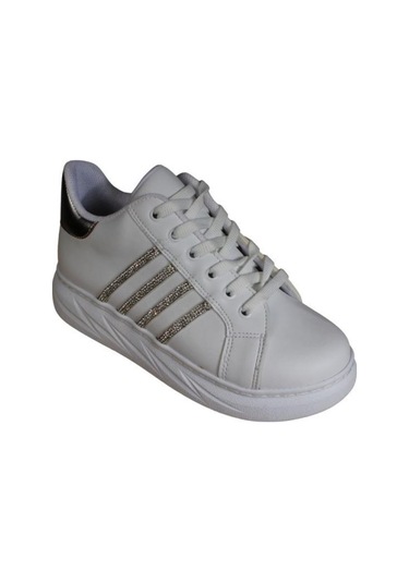 Yazkış Kadın Siyah Beyaz Cilt Yanı Taşlı Kalın Taban Fasıhon Günlük Spor Ayakkabı Beyaz