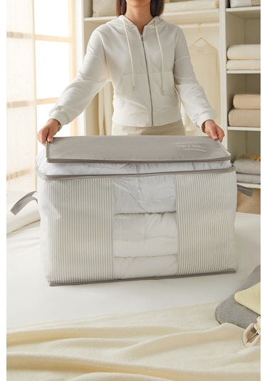 Ocean Home Textile 2'li Pvc Pencereli Stuff & Things Gri Çizgili Hurç Set