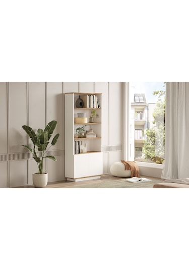 Robin Home Loft Kitaplık Raf 2 Kapaklı Raflı 168cm Çam-Beyaz
