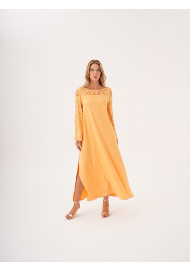 Taş İşlemeli Geniş Kol Detaylı Salaş Abiye Elbise Somon