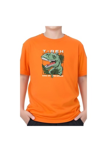 T-rex Baskılı Erkek Çocuk Kısa Kollu Tişört Turuncu