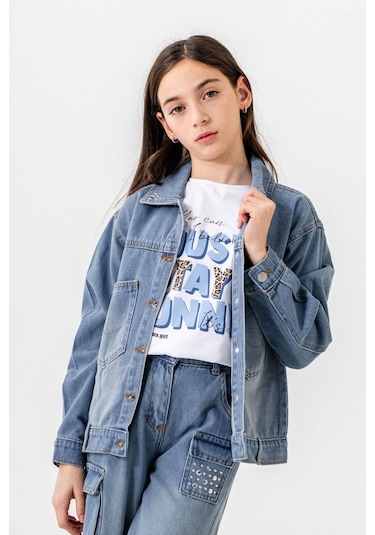 Kız Çocuk Yaka Taşlı Kot Ceket 1548 Açık Mavi