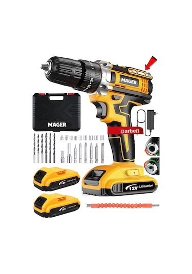 Mager 12 Volt 1.2 Ah Çift Akülü Su Terazi Göstergeli Darbeli Matkap Vidalama Sarı