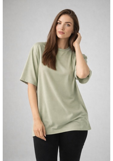 Enva Store Kadın Oversize Fit Yuvarlak Yaka Modal Basic T-shirt Tişört Haki