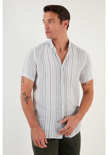 Buratti Çizgili Pamuklu Slim Fit Kısa Kollu Erkek Gömlek Cf23S116097 Beyaz-Yeşil