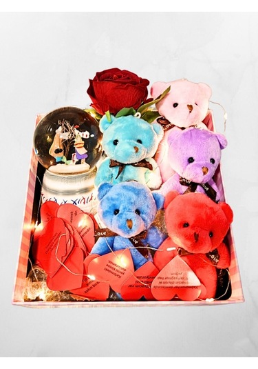 Romantik Hediye Kutusu Işıklı Kalpli Mesajlı Kar Küresi Ve Peluş Ayıcıklarla Dolu Sevgiliye Hediye Renkli