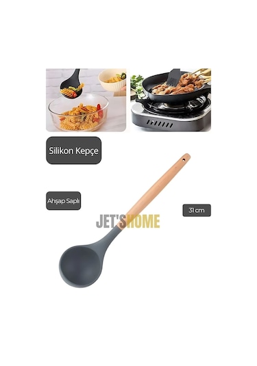 Silikon Kepçe Mutfak Kepçesi Ahşap Saplı 31 Cm