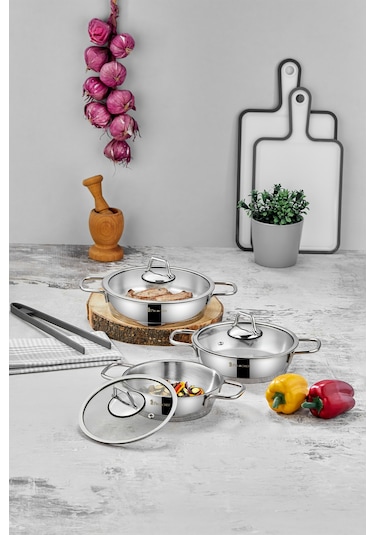 Polochef Paslanmaz Çelik Sahan Seti Silver Saplı 6 Parça Gümüş