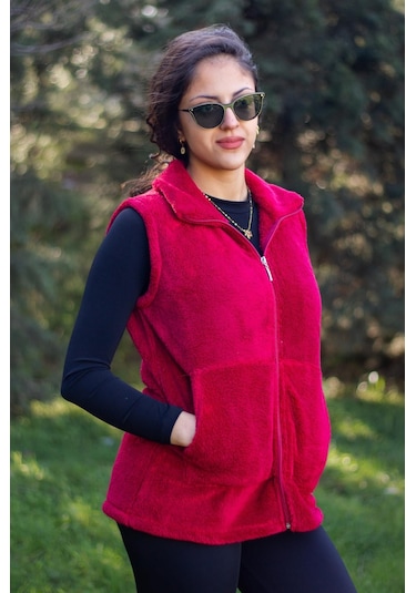 Kadın Bordo Kırmızı Dik Yaka Kalın Peluş Fermuarlı Yelek 24kylkk215 001