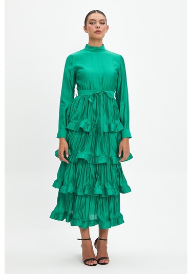 Kat Kat Fırfırlı Ve Bağcıklı Midi Boy Elbise - Günlük Ve Özel Günler İçin Modern Şıklık Bordo