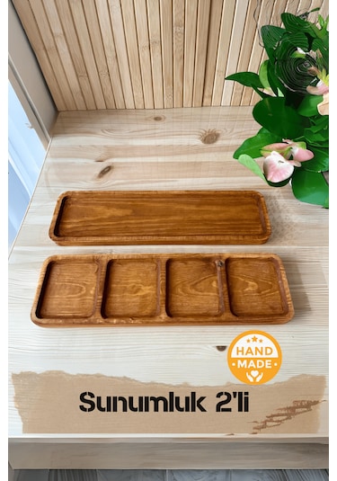 El Yapımı Çam Ağacı Ahşap Sunum Tepsisi 2'li Takım