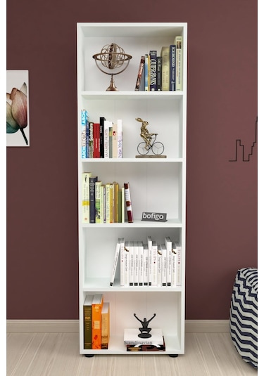 Bofigo Dekoratif 5 Raflı Kitaplık Modern Kitaplık Çınar Beyaz