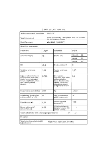 Arçelik ABC 180 G 8 Programlı 15 Kişilik Ankastre Bulaşık Makinesi