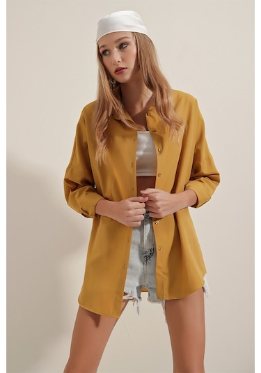 Bigdart 3900 Oversize Uzun Basic Gömlek - Hardal 001