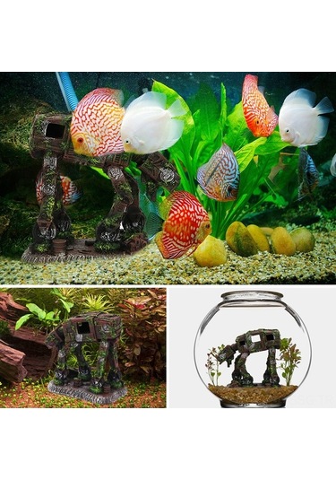Pazly Çok Renkli Reçine Robot Köpek Ve Kale Dekoru - 14x12x7cm Akvaryum Zenginliği Çok Renkli
